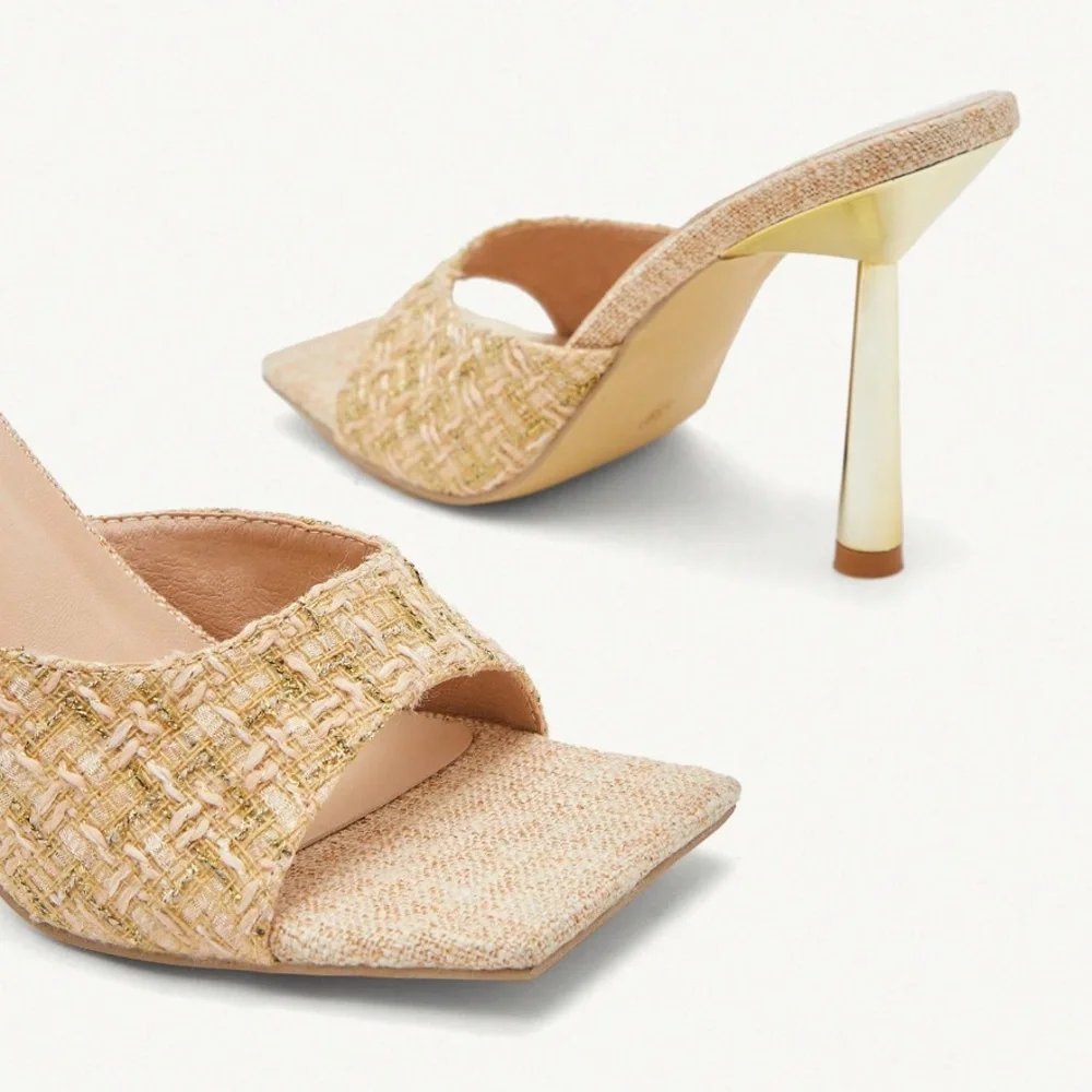 🆕 Square Toe Tweed / Linen Mule  Sandals - Picture 5 of 9